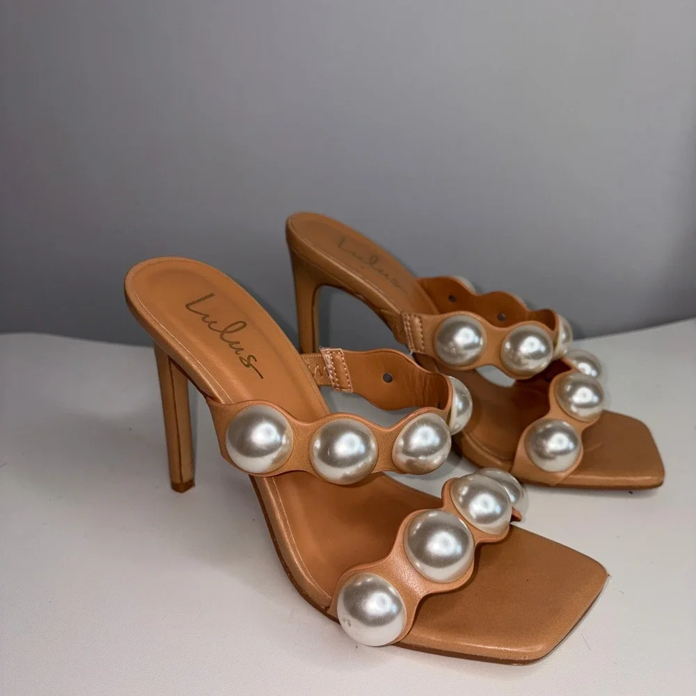 Lulus Endlesslyy Light Nude Pearl Square Toe High Heel Sandals Tan 6